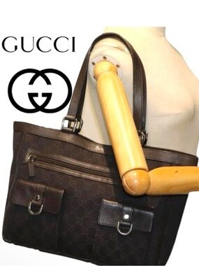 Gucci Abby D ring Large Tote Brown Leather and Canvas Signature GG Guccisimma